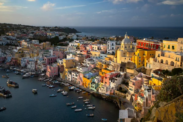 View Port Corricella Lots Colorful Houses Sunset Procida Island Italy — Stockfoto