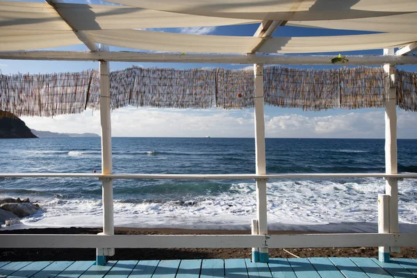 Cozy Terrace Beach Idyllic View Seashore Tropical Summer Vacation Concept — Stok fotoğraf