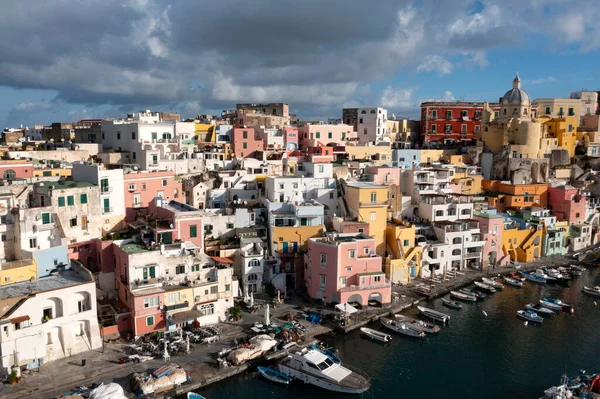 View Port Corricella Lots Colorful Houses Sunny Day Procida Island — Stock fotografie