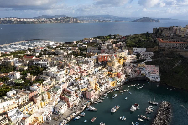 View Port Corricella Lots Colorful Houses Sunny Day Procida Island — стоковое фото