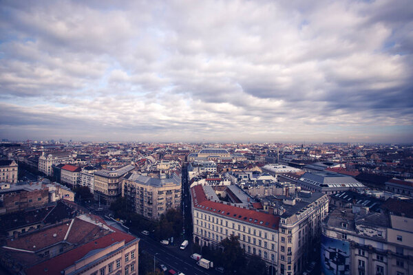 Aerial view of the downtown of Budapest on a foggy autumn day from the St. Stephen's Basilica.