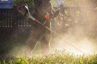 Çim biçme makinesiyle çimleri biçmek. Bahçe işleri konsepti.