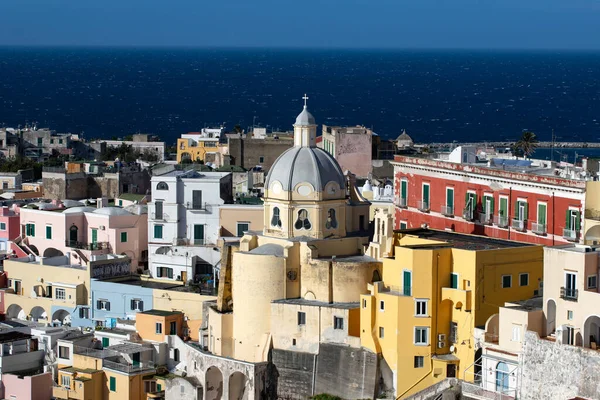View Port Corricella Lots Colorful Houses Sunny Day Procida Island — Foto Stock