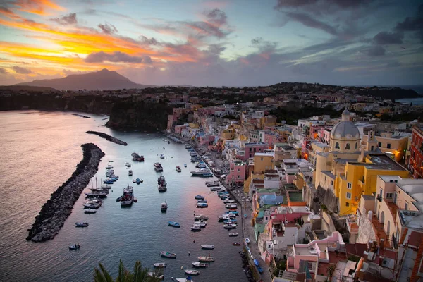 View Port Corricella Lots Colorful Houses Sunset Procida Island Italy — стоковое фото