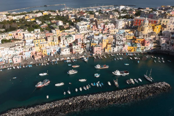 View Port Corricella Lots Colorful Houses Sunny Day Procida Island — Foto de Stock