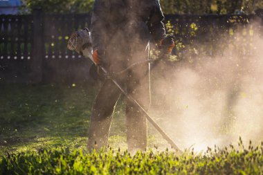 Çim biçme makinesiyle çimleri biçmek. Bahçe işleri konsepti.