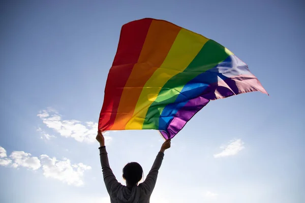 Woman Holding Gay Rainbow Flag Happiness Freedom Love Concept Same — Foto Stock