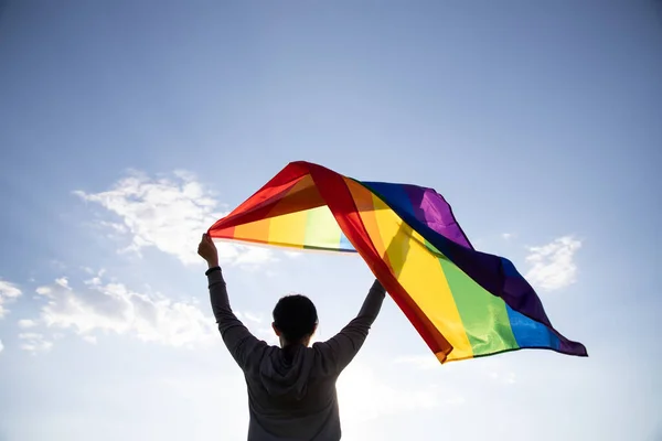 Woman Holding Gay Rainbow Flag Happiness Freedom Love Concept Same — Stok fotoğraf