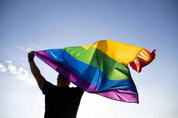 Man Holding Gay Rainbow Flag Happiness Freedom Love Concept Same — Foto de Stock