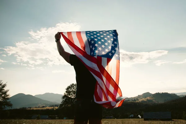 Man Holding American Usa Flag Independence Day Traveling America Concept —  Fotos de Stock