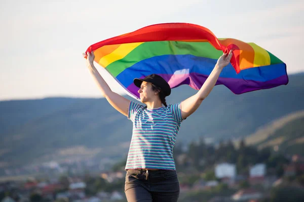Woman Holding Gay Rainbow Flag Happiness Freedom Love Concept Same — 스톡 사진