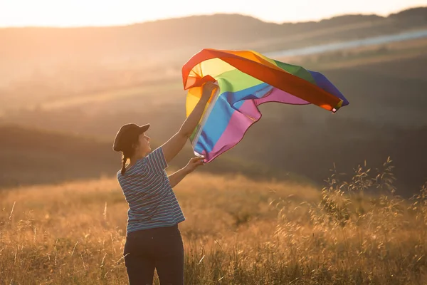Woman Holding Gay Rainbow Flag Magic Sunset Happiness Freedom Love — 스톡 사진