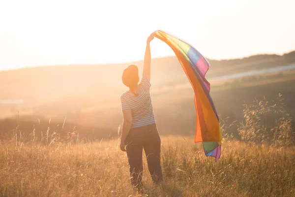 Woman Holding Gay Rainbow Flag Magic Sunset Happiness Freedom Love — Photo