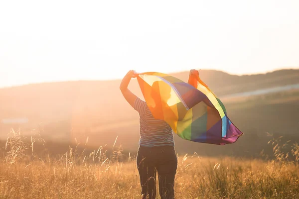 Woman Holding Gay Rainbow Flag Magic Sunset Happiness Freedom Love — Zdjęcie stockowe
