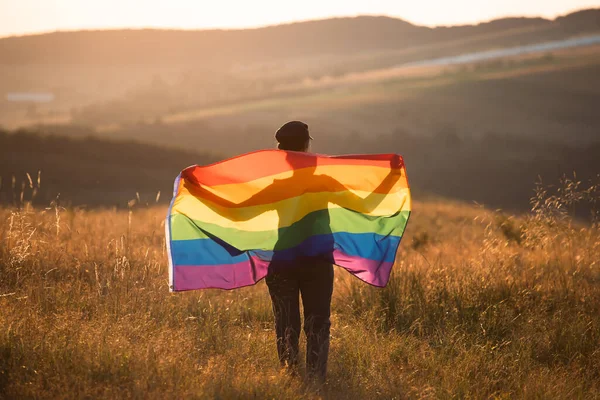Woman Holding Gay Rainbow Flag Magic Sunset Happiness Freedom Love — Photo