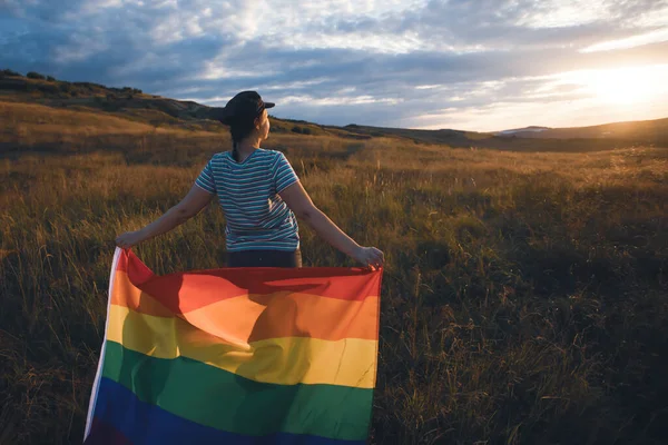 Woman Holding Gay Rainbow Flag Happiness Freedom Love Concept Same — ストック写真
