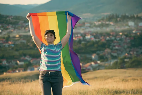 Woman Holding Gay Rainbow Flag Happiness Freedom Love Concept Same — Stock fotografie