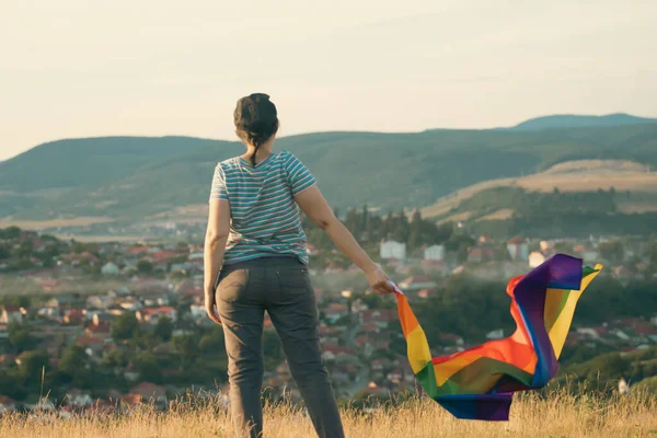 Woman Holding Gay Rainbow Flag Happiness Freedom Love Concept Same — Fotografia de Stock
