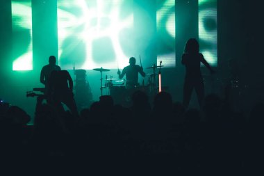 Konserde kalabalık - Parlak renkli sahne ışıkları önünde tezahürat yapan kalabalık