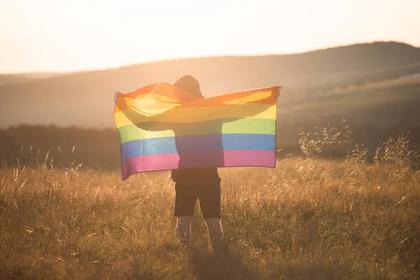 Man Holding Gay Rainbow Flag Happiness Freedom Love Concept Same — Stockfoto
