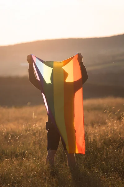 Man Holding Gay Rainbow Flag Happiness Freedom Love Concept Same — Fotografia de Stock