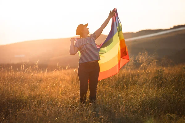 Woman Holding Gay Rainbow Flag Magic Sunset Happiness Freedom Love — Fotografia de Stock
