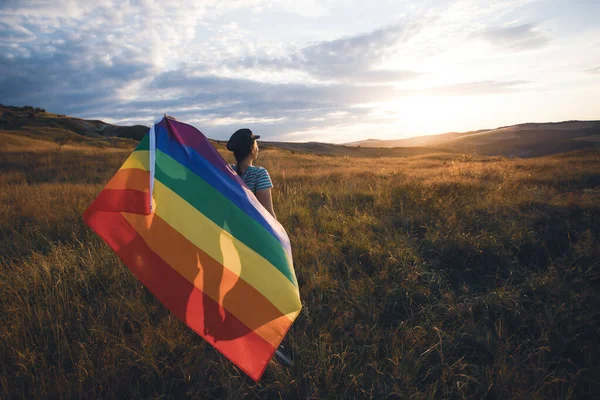 Woman Holding Gay Rainbow Flag Happiness Freedom Love Concept Same — Stockfoto