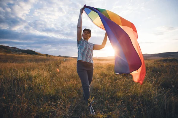 Woman Holding Gay Rainbow Flag Happiness Freedom Love Concept Same — Stock Photo, Image