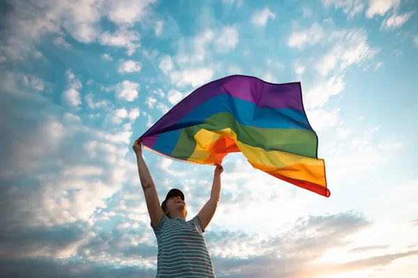 Woman Holding Gay Rainbow Flag Happiness Freedom Love Concept Same — Zdjęcie stockowe