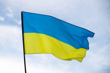 Ukrayna bayrağı açık havada rüzgarda sallanıyor. Demokrasi ve siyaset. 