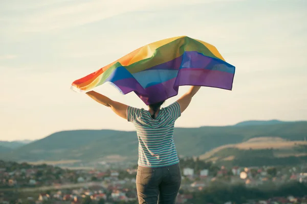 Woman Holding Gay Rainbow Flag Happiness Freedom Love Concept Same — Φωτογραφία Αρχείου