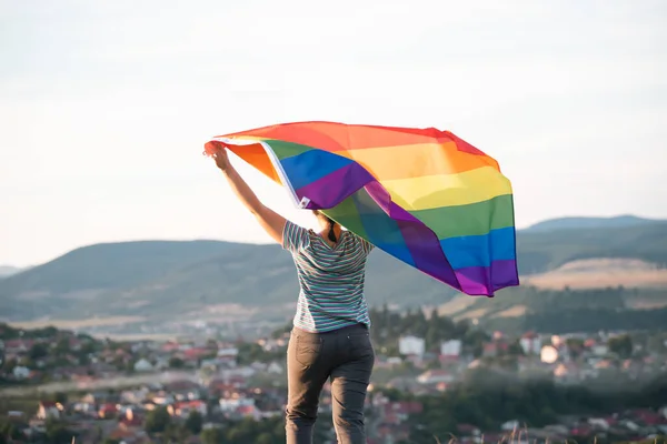 Woman Holding Gay Rainbow Flag Happiness Freedom Love Concept Same — стокове фото