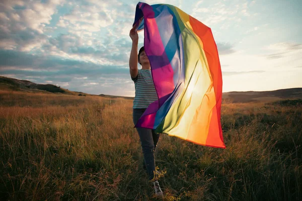 Woman Holding Gay Rainbow Flag Happiness Freedom Love Concept Same — Photo
