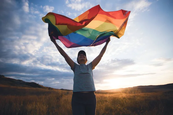 Woman Holding Gay Rainbow Flag Happiness Freedom Love Concept Same — Stock Photo, Image