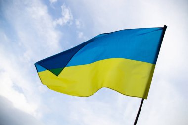 Ukrayna bayrağı açık havada rüzgarda sallanıyor. Demokrasi ve siyaset. 