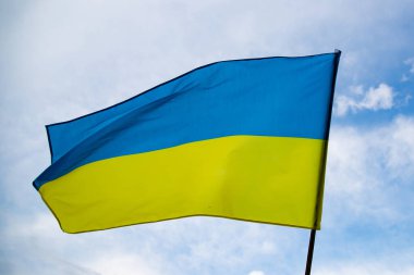 Ukrayna bayrağı açık havada rüzgarda sallanıyor. Demokrasi ve siyaset. 