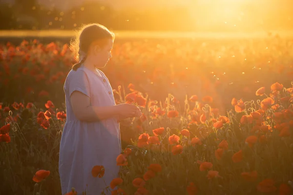 可爱的小女孩在神奇的日落下在罂粟地里玩得很开心 — 图库照片