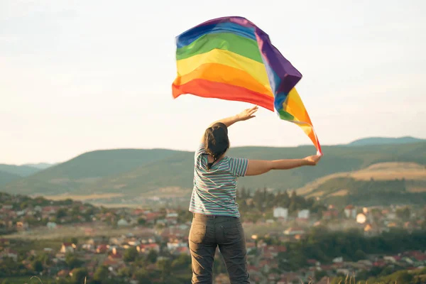Woman Holding Gay Rainbow Flag Happiness Freedom Love Concept Same — Stok fotoğraf