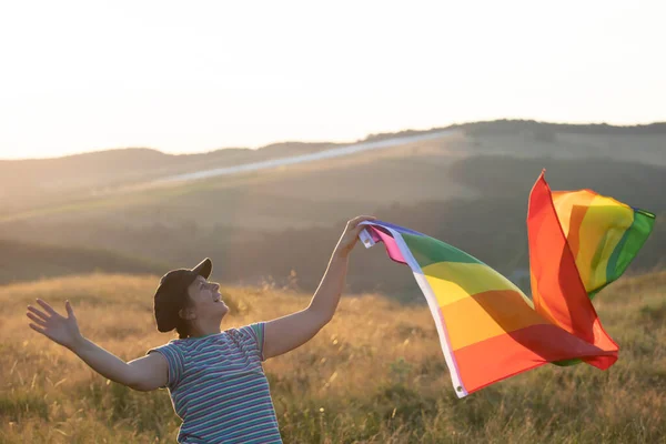 Woman Holding Gay Rainbow Flag Magic Sunset Happiness Freedom Love — стоковое фото