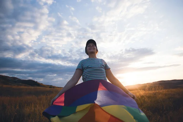 Woman Holding Gay Rainbow Flag Happiness Freedom Love Concept Same — 图库照片