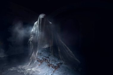 Terk edilmiş, perili bir evde hayalet. Korkunç ruhun korku sahnesi, Cadılar Bayramı konsepti.