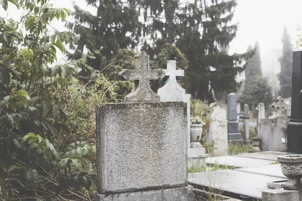 Issız Bir Mezarlıkta Karanlık Taş Haçlar Mezar Taşlarının Puslu Manzarası — Stok fotoğraf