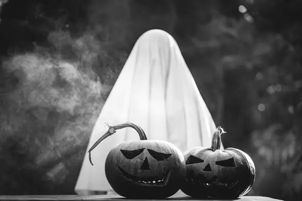 Jack Lantern Brille Dans Une Nuit Fantaisie Enfumée Avec Fantôme — Photo