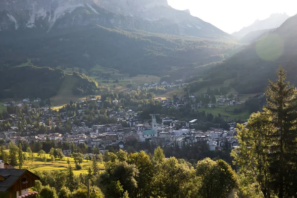Town of Cortina d' Ampezzo in green landscape of Dolomites Alps, Veneto region of Italy