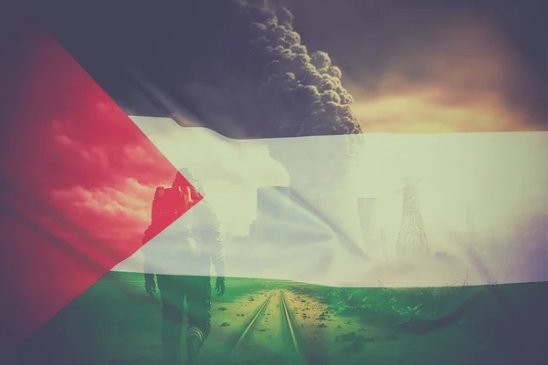 The concept of war between Israel and Palestine, Palestine flag and man near ruined buildings