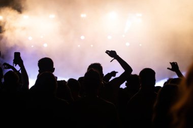 Konserde kalabalık - Parlak renkli sahne ışıkları önünde tezahürat yapan kalabalık