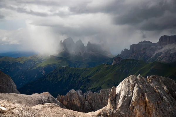 Panoramatický Pohled Skupinu Sassolungo Sella Italském Dolomitu Marmolady Jižním Tyrolsku — Stock fotografie