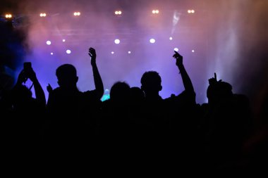 Konserde kalabalık - Parlak renkli sahne ışıkları önünde tezahürat yapan kalabalık