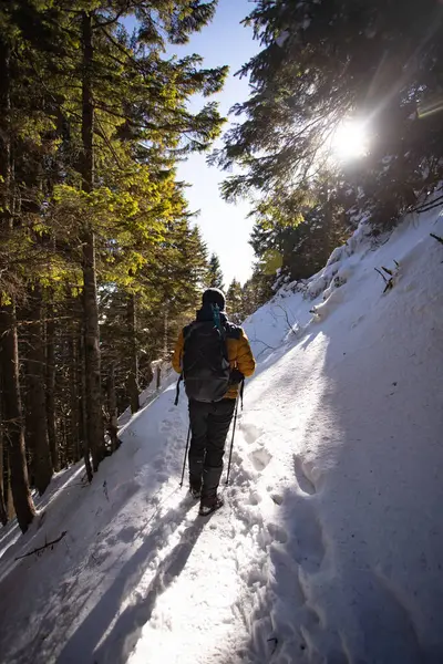 Homem Trekking Montanha Coberta Neve Pessoas Ativas Natureza Conceito Aventura Fotos De Bancos De Imagens