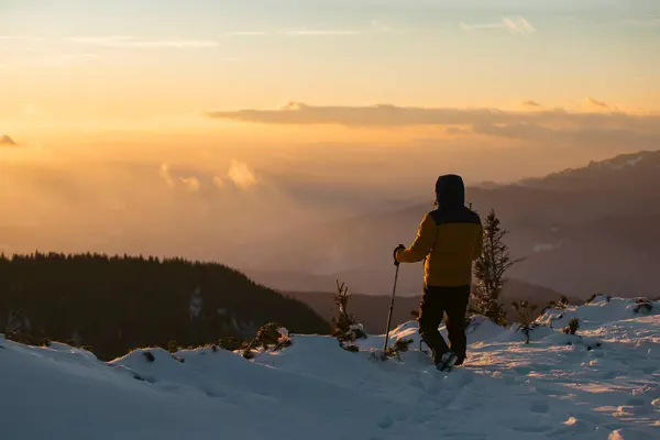 Man trekking in snow covered mountain in magic sunset. Active people in nature, adventure concept.
